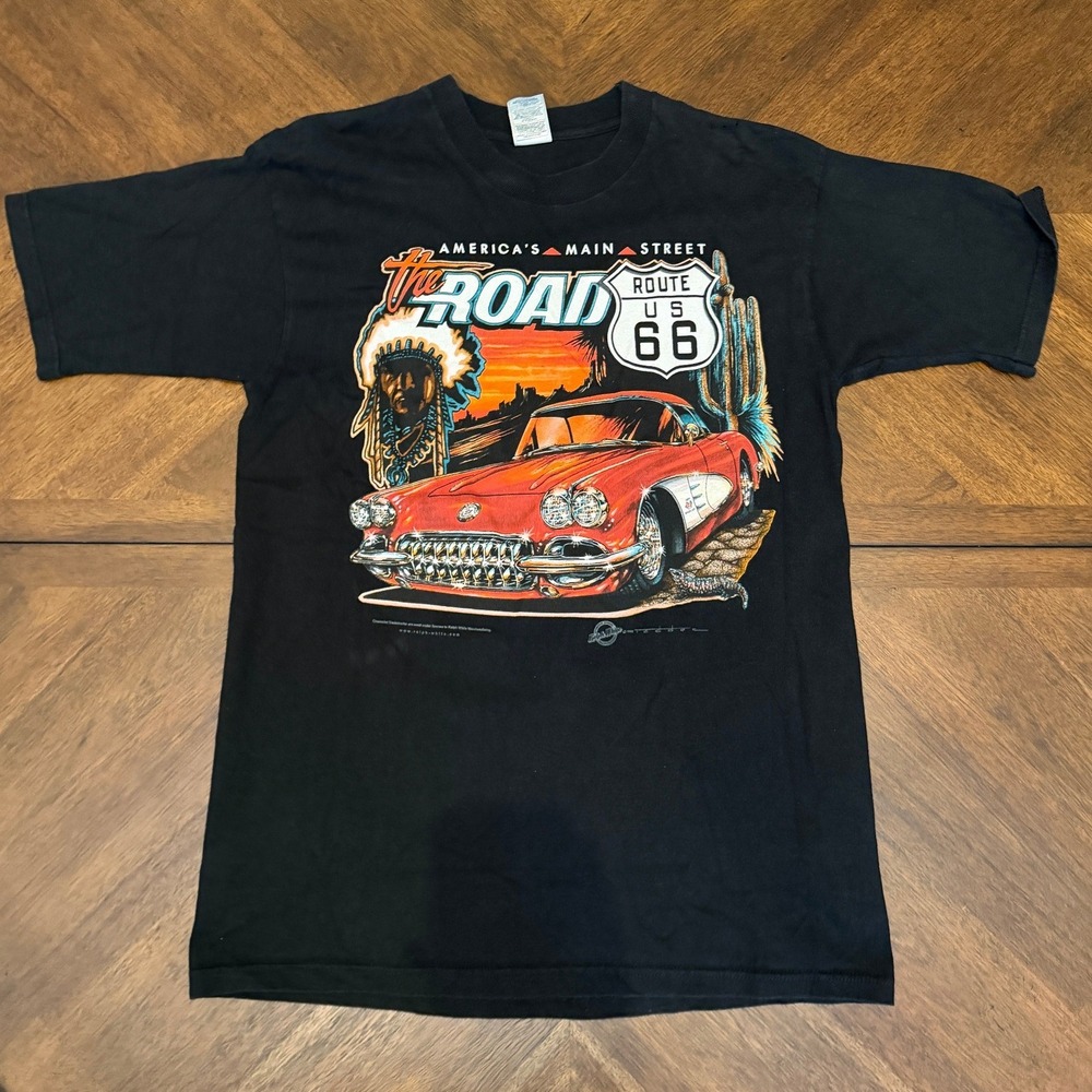 Vintage Route 66 Corvette T Shirt Mens L Black America Main Street Chevy Graphic